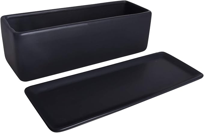 Vencer 12 Inch Rectangular Modern Minimalist Ceramic Succulent Planter Pot - Window Box with Saucer,Office Desktop Potted Stand,Black,VF-0135B