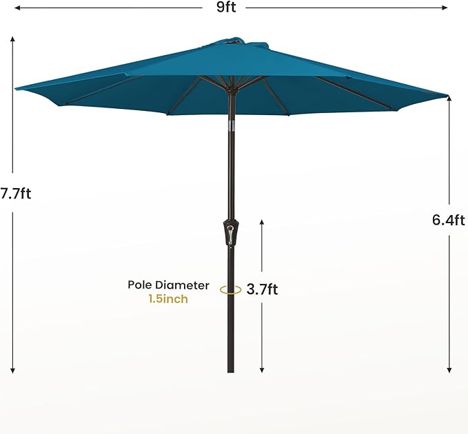 MEWAY 9ft Patio Umbrella Outdoor Table Umbrellas with Push Button Tilt and Crank, Market Umbrella 8 Sturdy Ribs for Deck, Garden, Pool and Backyard, Lake Blue