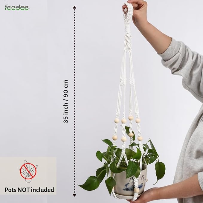 feedee Macrame Plant Hanger, Hanging Planters for Indoor Plants Holder with Wood Beads, Hanging Plant Holder for Indoor Outdoor, Gifts for Plant Lovers, Boho Home Decor Plant Hanger, Ivory