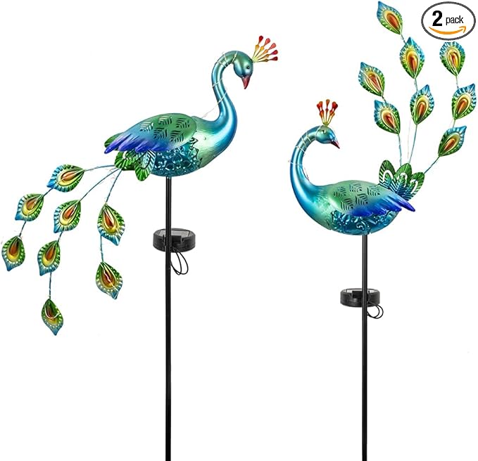 DREAMSOUL Peacock Solar Lights Outdoor 2 Pack, Waterproof Outdoor Solar Lights for Yard Pathway Peacock Garden Decor