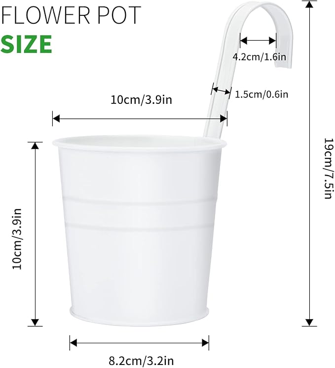 KINGLAKE Flower Pots,10 Pcs Metal Iron Hanging Flower Plant Pots Balcony Garden Plant Planter Baskets Fence Bucket Pot 4'' Flower Holders with Detachable Hook White