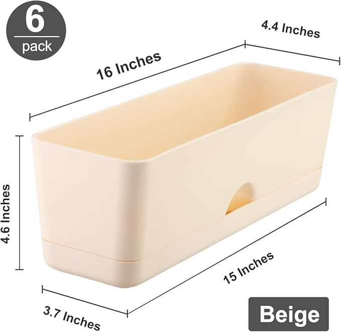 6 Pack Rectangle Planter 16x4.4 Inch Window Boxes Planters Rectangular Large Window Sill Planters Indoor Self Watering Plant Pots with Drainage Holes and Saucers Succulent Herb Flower Pots, Beige