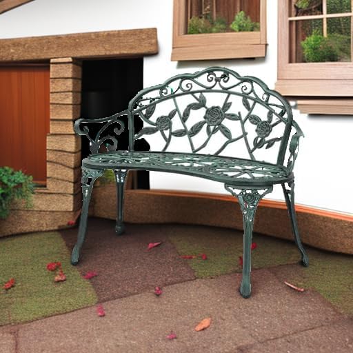 VINGLI 38.5" Patio Park Garden Outdoor Metal Rose Bench, 2-Person Cast Iron Cast Aluminium Frame Antique Finish Chair,Accented Lawn Front Porch Path Yard Decor Deck Furniture (Green, Rose)