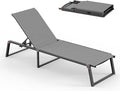 Aluminum Chaise Lounge Chair Outdoor, Foldable & No Assembly Pool Lounge Chairs 5-Position Recliner for Outside Poolside, Fully Grounded Legs Patio Sun Lounger for Pool, Beach, Yard, Dark Grey