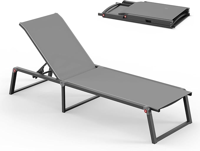 Aluminum Chaise Lounge Chair Outdoor, Foldable & No Assembly Pool Lounge Chairs 5-Position Recliner for Outside Poolside, Fully Grounded Legs Patio Sun Lounger for Pool, Beach, Yard, Dark Grey