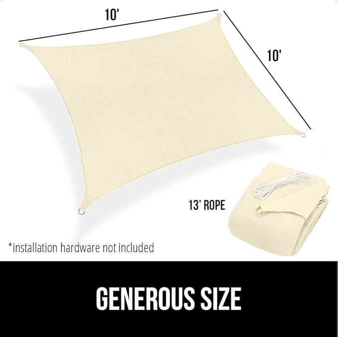 GORILLA GRIP Heavy Duty Sun Shade, UV Protection Fade Tear and Rust Resistant Rectangle Sunshade Canopy, Curved Edges Blocks Sunlight, Breathable Sail, Outdoor Patio, Lawn Garden 10x10 FT Butter Cream