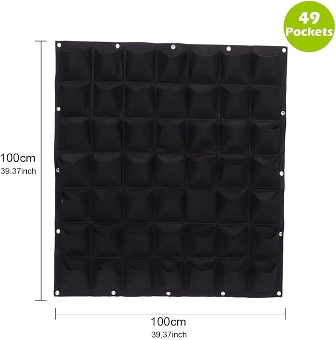 Hanging Planting Grow Bags, 49 Pockets Hanging Vertical Wall Planter Wall Mounted Grow Bag Outdoor Indoor Gardening Vertical Greening Flower Container, Planting Bags Storage Bags(1.0 m × 1.0 m, Black)