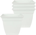 The HC Companies 6 Inch Eclipse Square Planter Pots with Drainage Holes & Attached Saucer, Lightweight UV-Resistant Plastic Indoor Outdoor Planters, 4-Pack Flower Pots for Garden & Home Decor, White