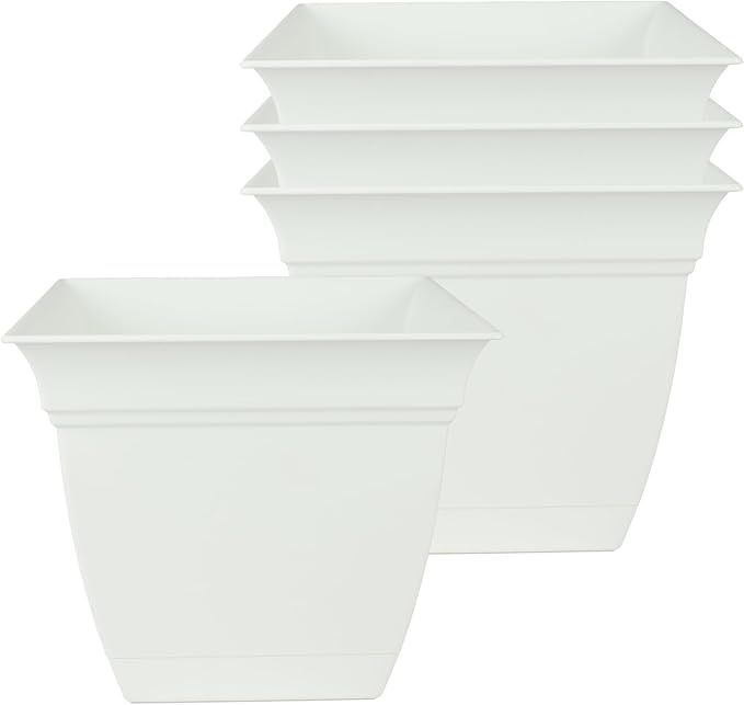 The HC Companies 8 Inch Eclipse Square Planter Pots with Drainage Holes & Attached Saucer, Lightweight UV-Resistant Plastic Indoor Outdoor Planters, 4-Pack Flower Pots for Garden & Home Decor, White