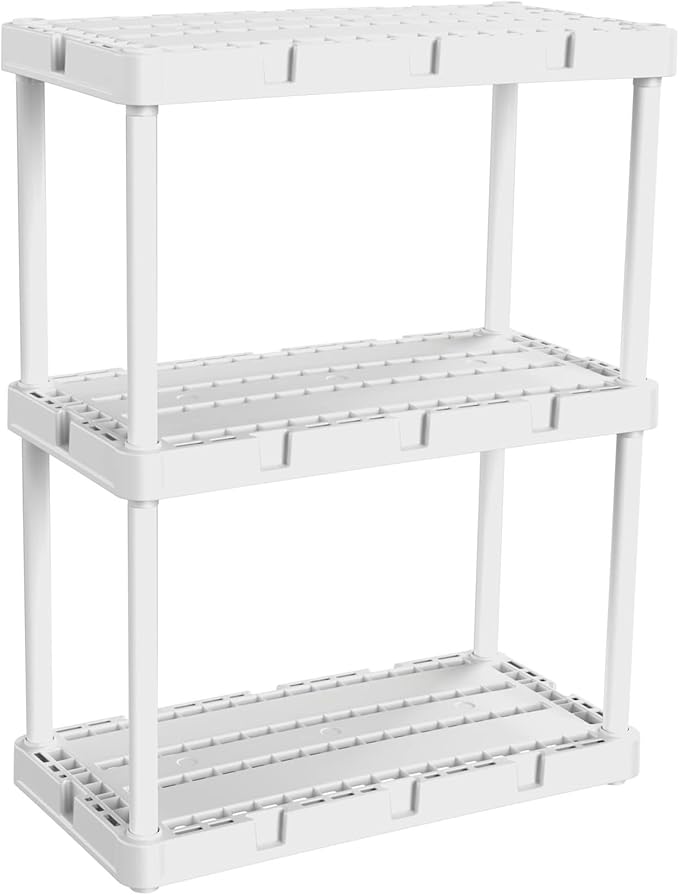 Gracious Living 2 Pack Light Duty Storage Shelves, Knect-A-Shelf 3-Shelf Ventilated Shelving Rack Organizer for Home, Garage, Basement, Laundry, White