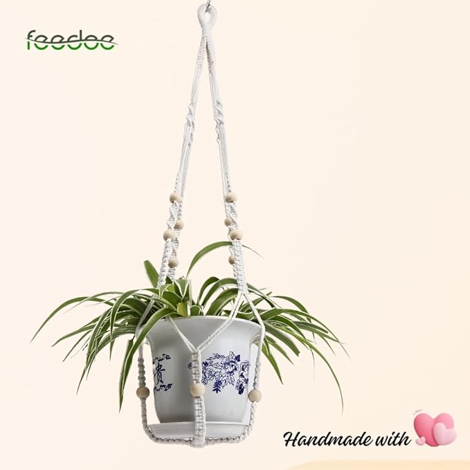 feedee Macrame Plant Hanger, Hanging Planters for Indoor Plants Holder with Wood Beads, Hanging Plant Holder for Indoor Outdoor, Gifts for Plant Lovers, Boho Home Decor Plant Hanger, Ivory