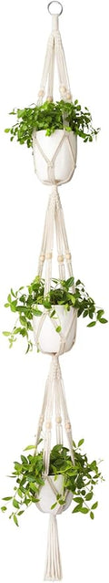 Mkono Macrame Plant Hanger 3 Tier Indoor Outdoor Hanging Planter Basket Cotton Rope with Beads 70 Inches (Pots and Plants NOT Included)