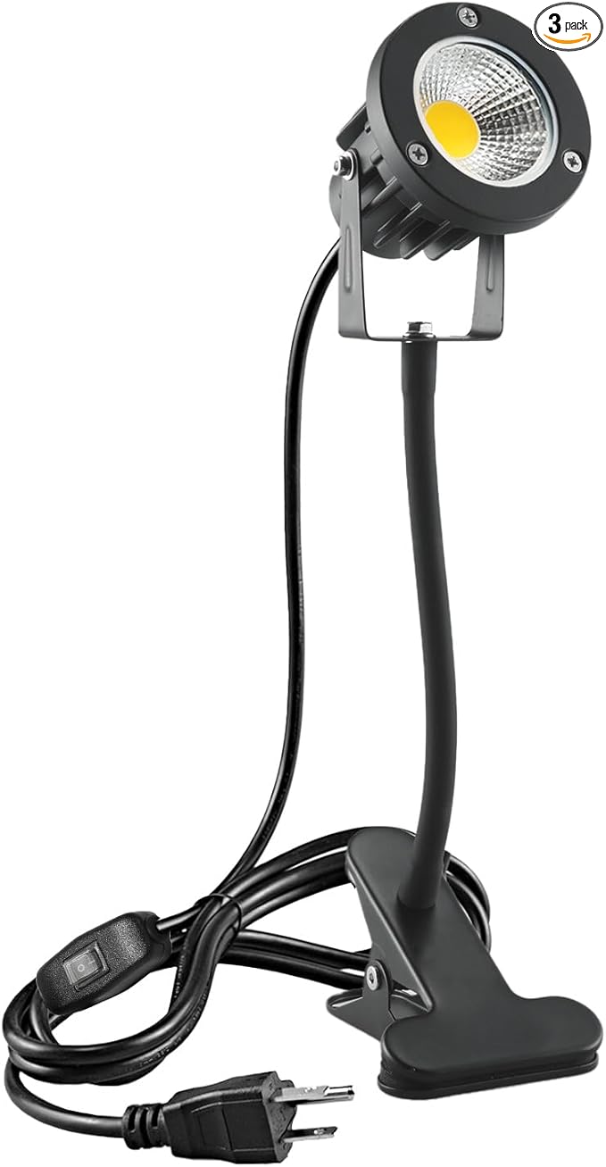 Taysing LED Spot Lights Plug in Outdoor Indoor Light 7W 6000K 9.8ft Power Cord Waterproof Landscape Lights Spotlight with Clip and Metal Hose for Plants Yard Garden Accent Lighting Ambient Light