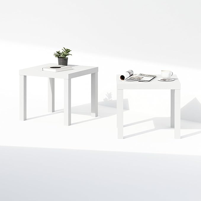 Furinno Classic Coffee Table Set of 2, Square Modern Coffee Table with Triple Thick Tabletop, Side Table with 4 Legs, for Living Room, Bedroom, Home Office, White