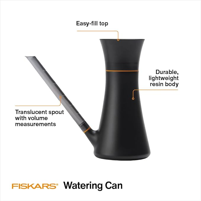 Fiskars Indoor Watering Can, Long Reach Spout for Precision Hydration on Houseplants, Anti-Drip Nozzle with Translucent Volume Markings, Ergonomic Recycled Plastic Body, 40 oz, Black