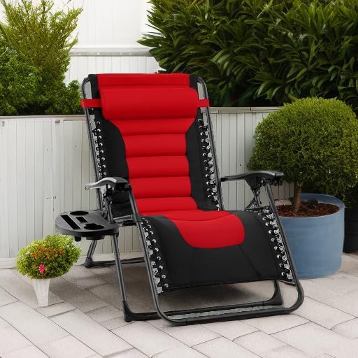 Best Choice Products Oversized Padded Zero Gravity Chair, Folding Outdoor Patio Recliner, XL Anti Gravity Lounger for Backyard w/Headrest, Cup Holder, Side Tray, Polyester Mesh - Red
