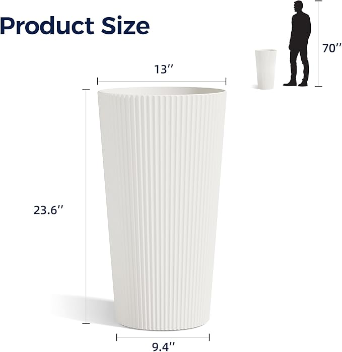 FONTOI 23.6" Tall Planter for Outdoor Plants Set of 2 Large Outdoor Plastic Striped Flower Pots, Front Porch Furniture, Garden Pots, Decorative Planters for Indoor/Outdoor, Patio, Balcony, White
