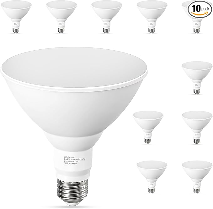 10 Pack PAR38 Outdoor Flood Light Bulbs, LED Flood Light Bulb Warm White 2700K, 100W Equivalent, 1050LM, Dimmable E26 Base for Porch Garage Yard