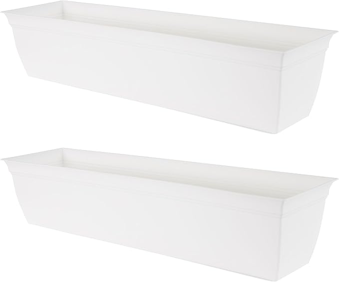 The HC Companies Indoor Outdoor 30 Inch Eclipse Series Window Flower Garden Ornamental Planter Box with Removable Attached Saucer, White (2 Pack)