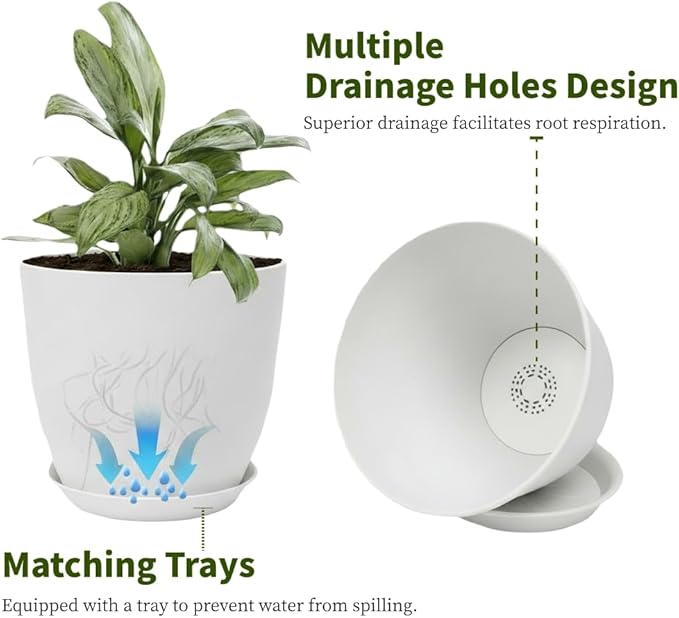 Plant Pots 8 Inch Set of 6, Flower Pots with Drainage Holes and Saucer, Plastic Garden Planters for Indoor & Outdoor Plants (White)