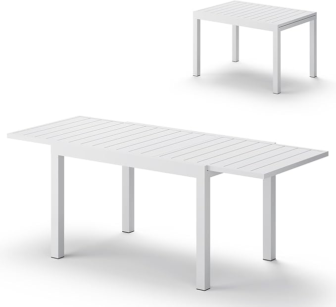 All-Aluminum Expandable Outdoor Patio Dining Table for 4-8 Person, All-Weather Rectangular Outdoor Table(48"-79") with Smooth Cilde Rails & Secure Locking Handle for Garden, Indoor, White
