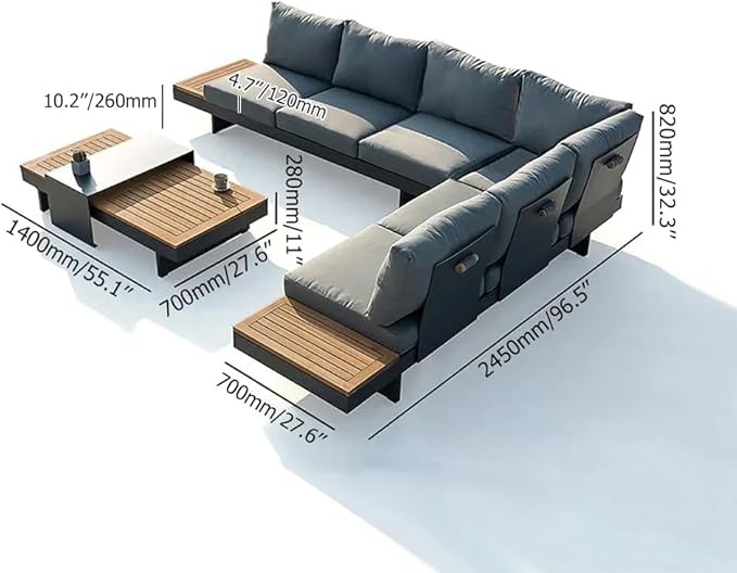 homary Outdoor Conversation Sets, 6 Piece Aluminum & Teak Patio Sectional Sofa Set with Adjustable Backrests, Waterproof Cushions, Ideal for Patios & Balconies | Outdoor Materials, Fade Resistant, Modular design