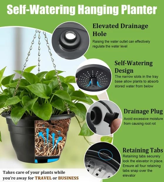 Hanging Planters 11 Inch, 3 Pcs Flower Pots with Drainage Hole, Self Watering Hanging Basket for Indoor Outdoor Plants, Decor, Black