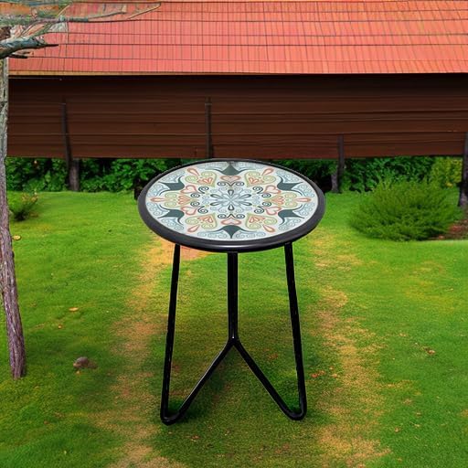 LIFFY Patio Side Table, 12" Outdoor Metal Side Table with Glass Top, Indoor Round Accent End Table for Living Room or Bedroom, Small Decorative Plant Stand Table for Garden Yard Balcony