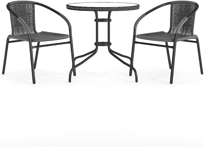 Flash Furniture 3-Piece Patio Dining Set with Round Glass Metal Table and 2 Stackable Rattan Chairs, Indoor/Outdoor Bistro Table and Chairs Set, Gray