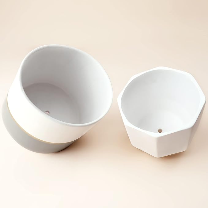 LA Jolie Muse White Ceramic Flower Pot Garden Planters 6.7 Inch Pack 2 Indoor Plant Containers with Gold and Grey Detailing