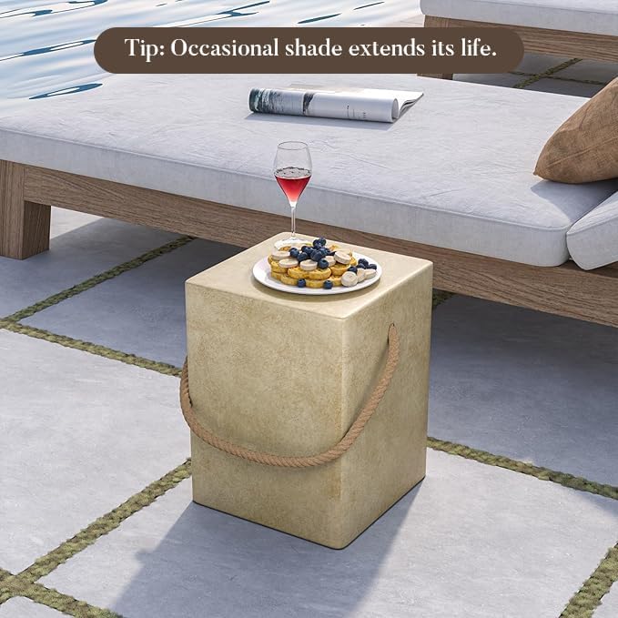 COSIEST Set of 2 Concrete Side Table, Rectangular Outdoor Side Table w Hemp Rope Handles,15''Patio Side Tables End Table, Outdoor Accent Side Table for Garden and Patio, Beige