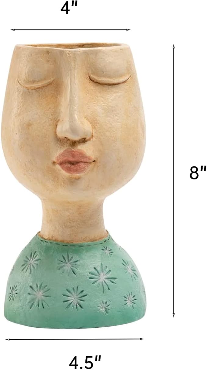 DiliComing Resin Face Planters Pots Head - 8 Inch Indoor and Outdoor Pot with Drainage Hole for Succulents Plants Home Garden Decor Unique Girl Sculpture Plant Pot