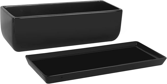 Vencer 14 Inch Rectangular Modern Minimalist Ceramic Succulent Planter Pot - Window Box with Saucer,Office Desktop Potted Stand,Black,VF-0175B
