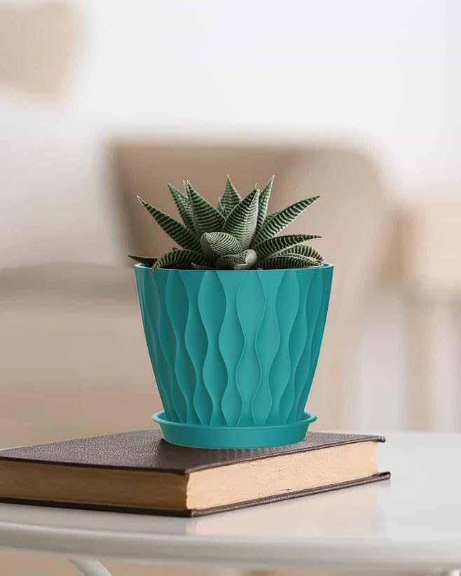 6 Inch Plant Pots, 6 Pack Indoor Flower Pots, Planters with Drainage Holes and Trays for Orchids, Violets, Succulents, Herbs, and Other Plants,Blue-Green