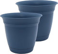 The HC Companies 12 Inch Eclipse Round Planter Pots with Drainage Holes & Attached Saucer, Lightweight UV-Resistant Plastic Indoor & Outdoor Planters, 2-Pack Flower Pots, Garden Home Decor, Slate Blue
