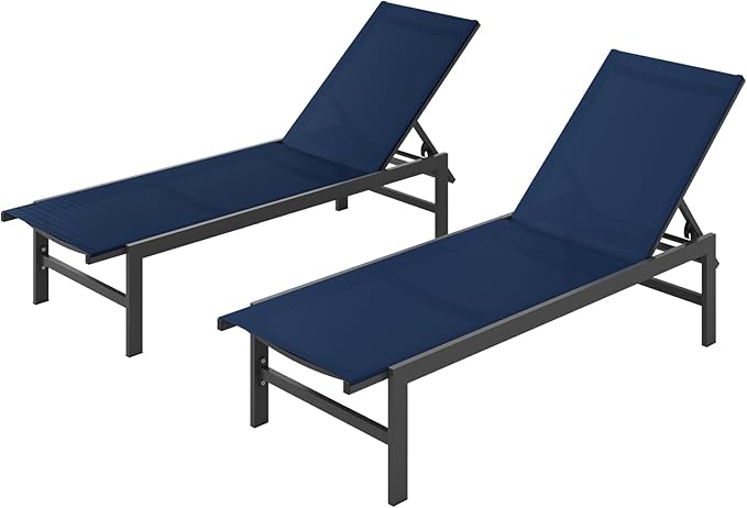 Outdoor Lounge Chairs Set of 2, Aluminum Patio Chaise Lounge Chairs with 5-Position Recliner, Pool Lounge Chairs for Backyard, Poolside, Deck, Lawn (Navyblue)