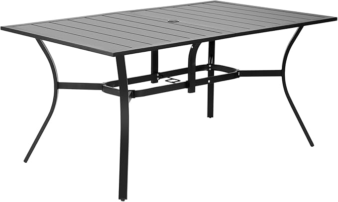 VEVOR Outdoor Patio Dining Table, 59 inch Long Rectangular Metal Steel Slat Backyard Bistro Tables for 4-6, with 1.5 in Umbrella Hole, All-Weather Large Furniture for Lawn Garden Porch, Black