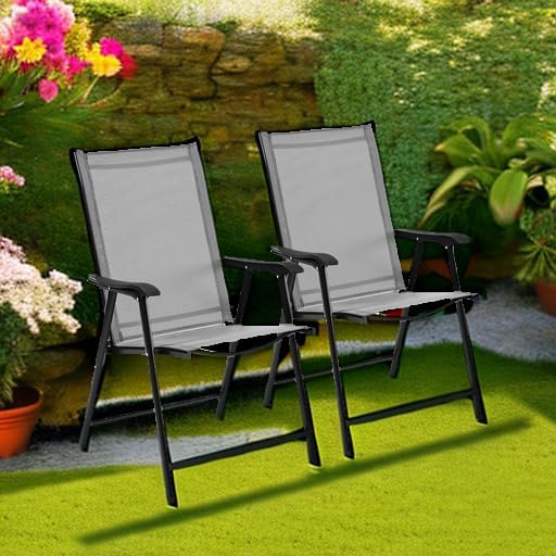 Yaheetech Patio Dining Chairs Set of 2 with Armrests, Outdoor Folding Chairs with Metal Frame and Backrest for Lawn, Garden, Yard and Poolside, Gray