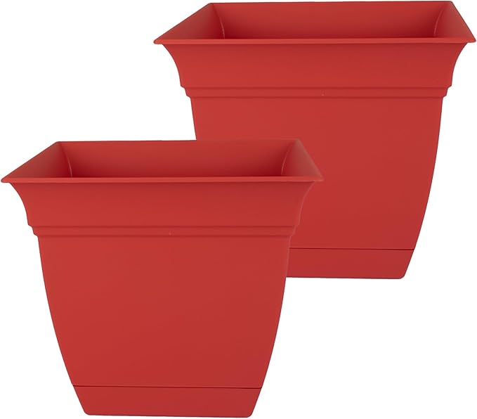The HC Companies 10 Inch Eclipse Square Planter Pots with Drainage Holes & Attached Saucer, Lightweight UV-Resistant Plastic Indoor Outdoor Planters, 2-Pack Flower Pots for Garden & Home Decor, Red