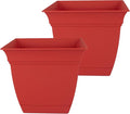 The HC Companies 10 Inch Eclipse Square Planter Pots with Drainage Holes & Attached Saucer, Lightweight UV-Resistant Plastic Indoor Outdoor Planters, 2-Pack Flower Pots for Garden & Home Decor, Red