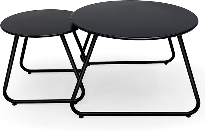Patio Outdoor Coffee Table Set of 2, Weather Resistant Steel Round End Tables, Outdoor Nesting Table for Patio, Balcony, Bistro and Indoor, Black (Black)