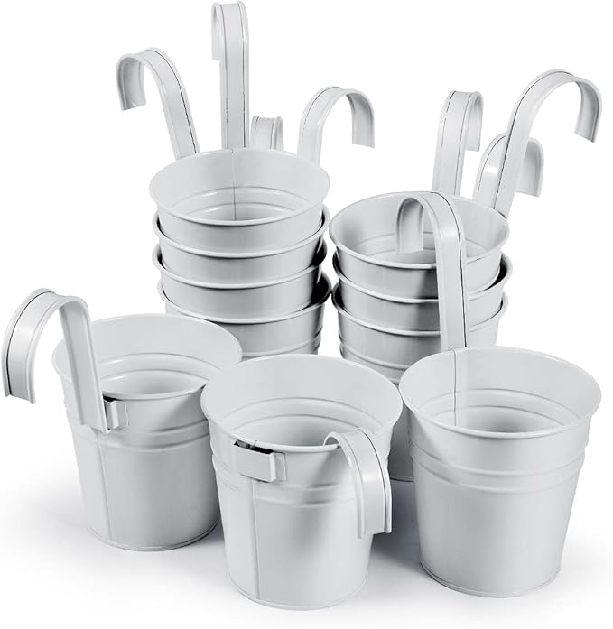 OBTANIM 12 Pack Metal Hanging Flower Pots Railing Planter Outdoor Fence Hanging Bucket Plant Holder with Detachable Hooks Drain Holes for Home Garden Yard Decor (White, 4 x 4 Inch)