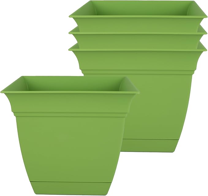 The HC Companies 6 Inch Eclipse Square Planter Pots w/Drainage Holes & Attached Saucer, Lightweight UV-Resistant Plastic Indoor Outdoor Planters, 4-Pack Flower Pots, Garden Home Decor, Peridot Green
