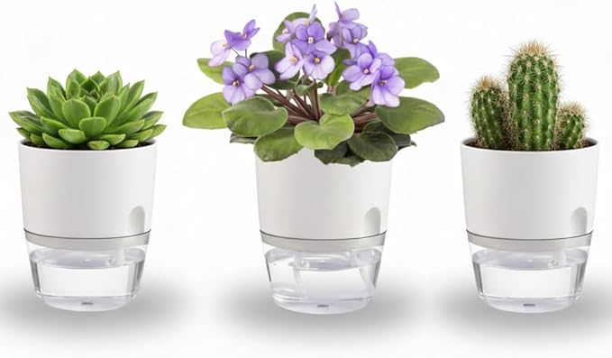 3.2 Inch Self Watering Planters Plastic Planter Pots 3 Pack Wicking Flower Pots Modern Decorative Planter for Small African Violets House Plants,Herbs,Indoor Outdoor Plant (White)