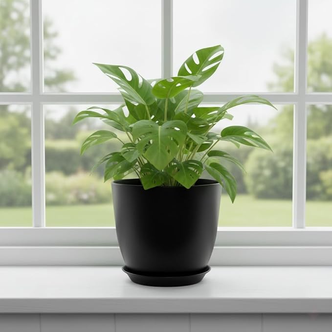 Plant Pots 8 Inch Set of 6, Flower Pots with Drainage Holes and Saucer, Plastic Garden Planters for Indoor & Outdoor Plants (Black)
