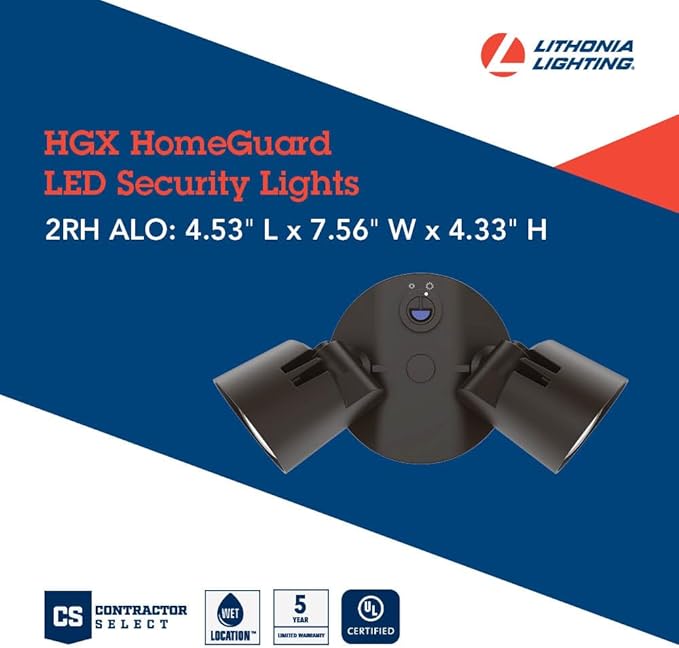 Lithonia Lighting HomeGuard 2-Light LED Outdoor Flood Lights, Outdoor LED Lights, Dusk to Dawn Sensor, Adjustable Lumens, 4000K Cool White, Round Heads, Dark Bronze (HGX LED 2RH ALO 40K 120 PE DDB)