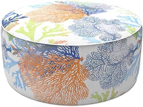 LVTXIII Outdoor Inflatable Footrest Stool, Patio Water Repellent Ottoman with Handle, Portable Round Ottoman Pouf for Garden, Balcony or Home Use, 21x21x9 Inch, Coral Multi