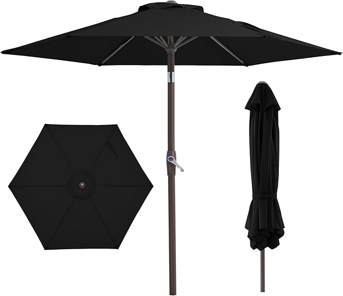 JEAREY 7.5FT Patio Umbrella Market Table Umbrella with 6 Sturdy Ribs, Push Button Tilt/Crank Outdoor Umbrella for Garden, Deck, Backyard, Pool, Black