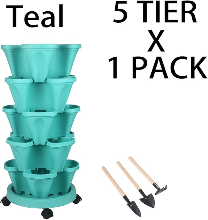 GameXcel Vertical Planter 5 Tier Stackable Planters Garden Planters Strawberry Herb Flower and Vegetable Planter Indoor Outdoor Gardening Pots with Removable Wheels and Tools