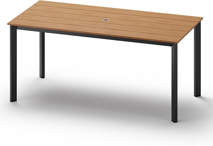 Outdoor Patio Dining Table, Aluminum & HDPS Outdoor Table with Umbrella Hole, All-Weather for Deck, Garden, Lawn, Backyard, Poolside (Gray & Teak)